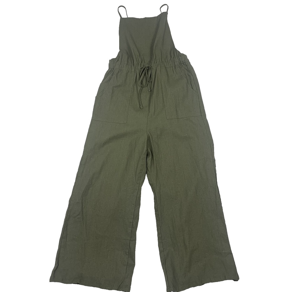 Timing Linen Blend Jumpsuit Women’s Large Olive Green Wide Leg Overalls